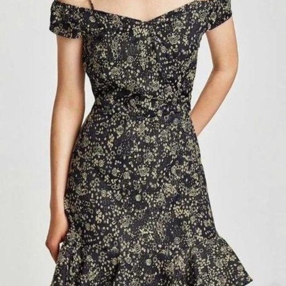 ZARA Off the Shoulder Dress Navy Blue w/ cream